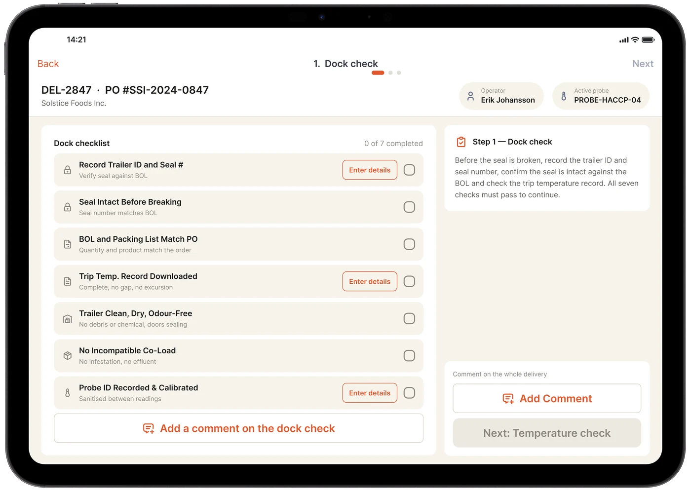 Dock check screen listing seven checks, from recording the trailer ID and seal number to confirming the probe is calibrated, with 0 of 7 completed and the next step locked.