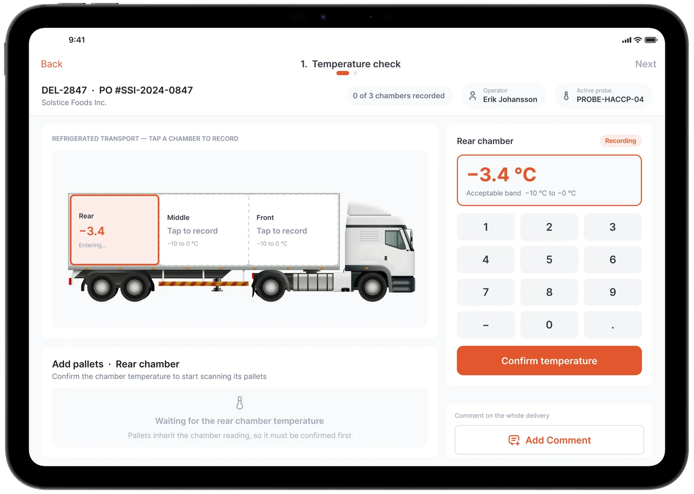 Temperature check screen with a truck divided into rear, middle and front chambers. The rear chamber is being recorded at −3.4 °C on a keypad, with the acceptable band of −10 °C to 0 °C shown.