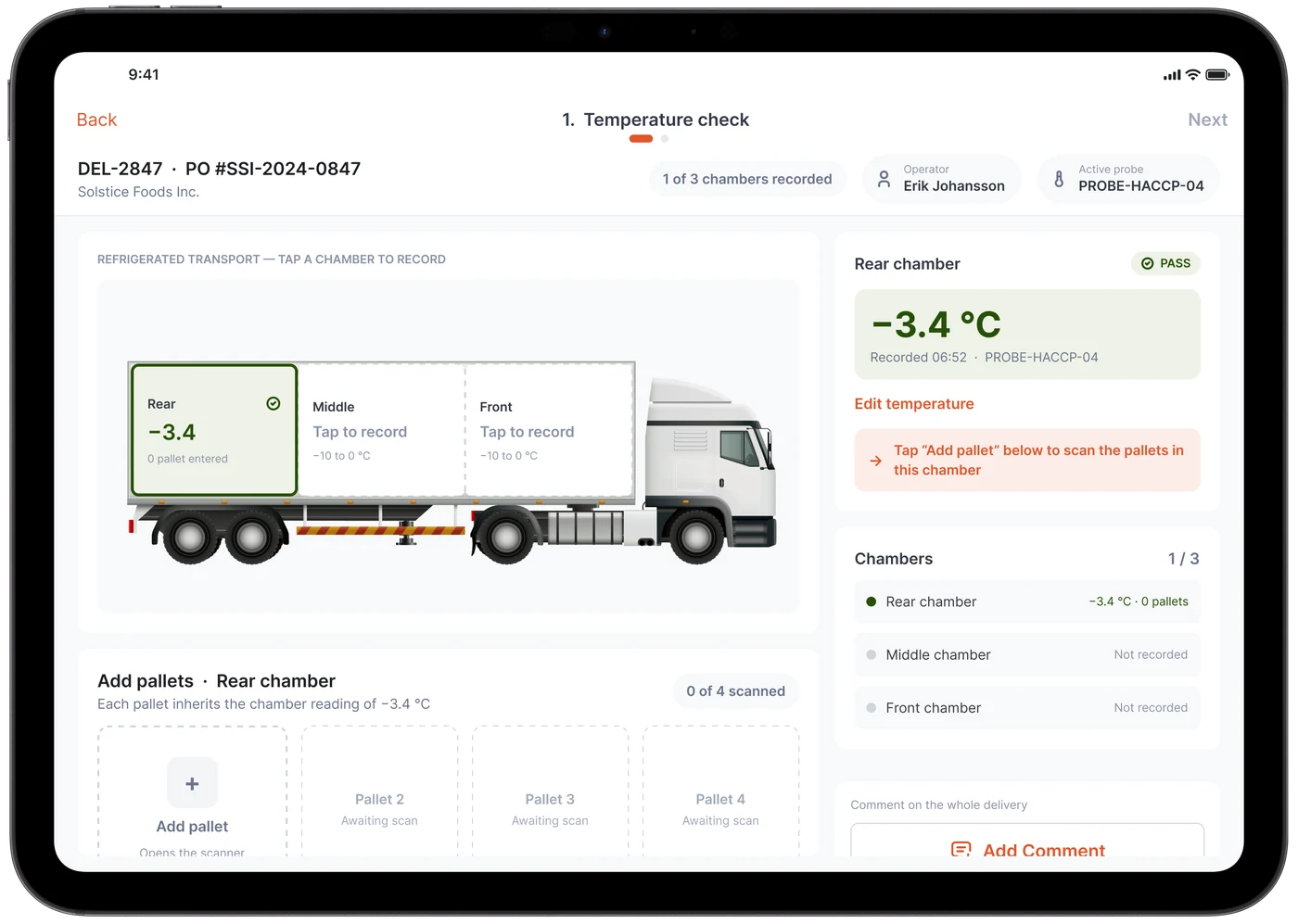 The rear chamber marked PASS at −3.4 °C, recorded at 06:52 with probe PROBE-HACCP-04. The truck shows the rear chamber in green, and a list shows 1 of 3 chambers recorded.